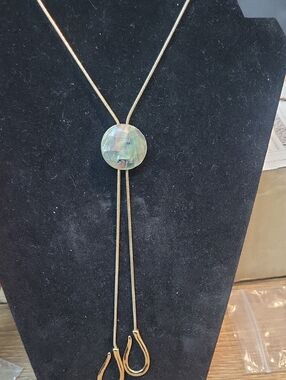 Gold Lariat Necklace with Iridescent Shell Disc